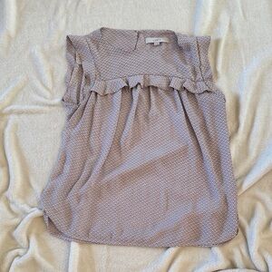 LOFT Patterned Ruffle Sleeve Blouse - pink and navy/white dots